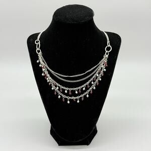 Multi Strand Silver Tone Chain Bib Necklace Red Maroon Beads Chandelier Fringe